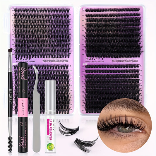 MAGEFY 640/680/800 Cluster False Eyelash Extension Kit, D Curl, 9-16mm Mixed Length, Fluffy & Extra Thick, DIY Natural Look, Includes Brush, Glue, Tweezers, Remover, Perfect for Beginners & Cosplay, Party Makeup